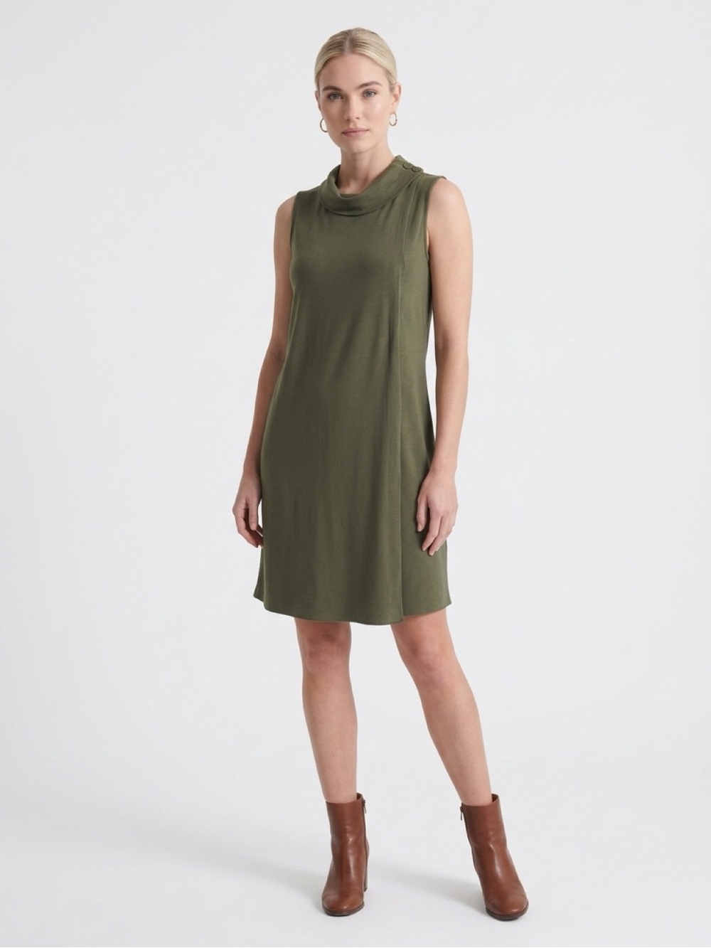 Banana Republic Sleeveless Olive Shift Dress Draped Cowl Neck w Button Detail